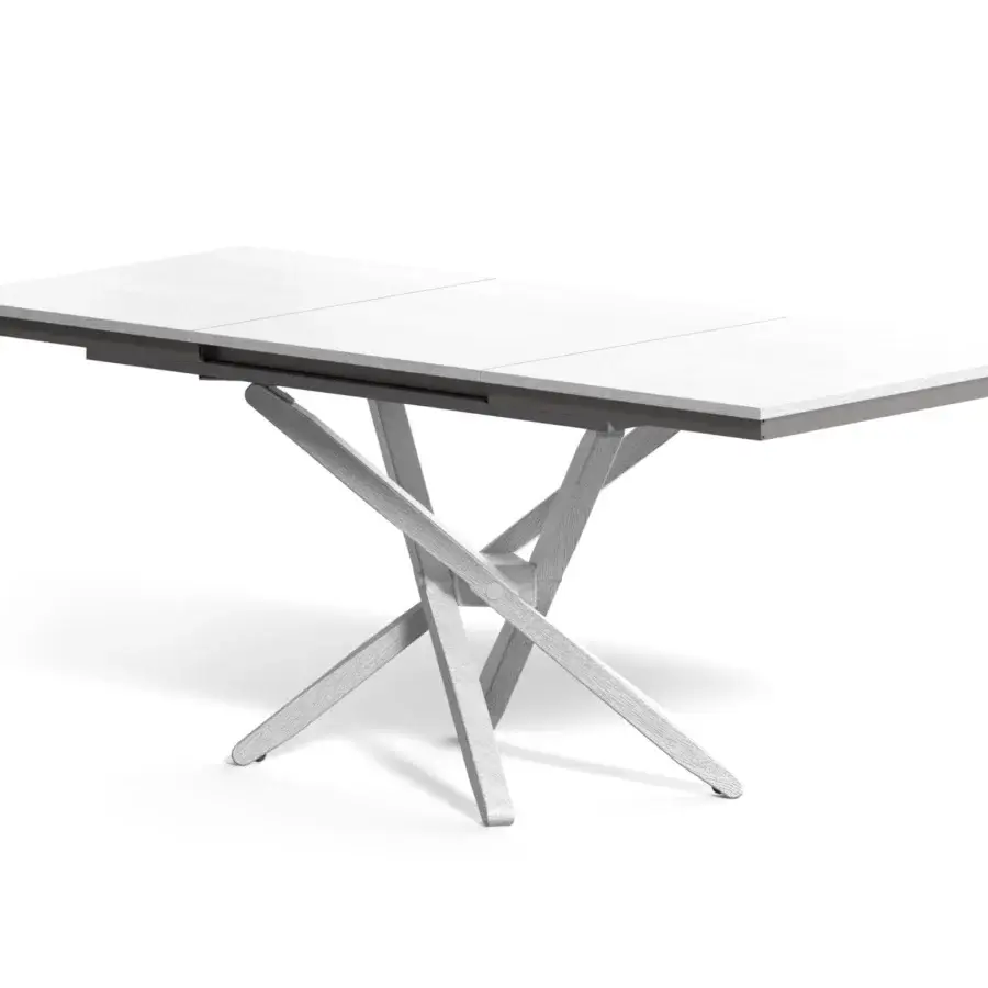 Distinctive Ozzio Italia Jolly transformable coffee table with white top and textured wooden crossed base crafted in Italy