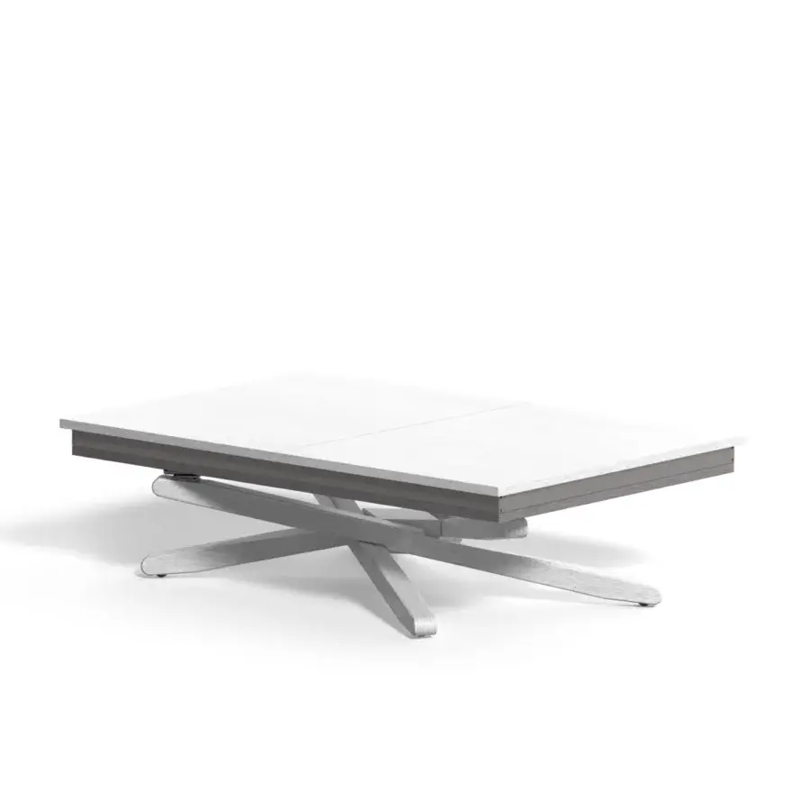 Innovative Ozzio Italia Jolly transformable coffee table crafted with light gray wood and matte white top