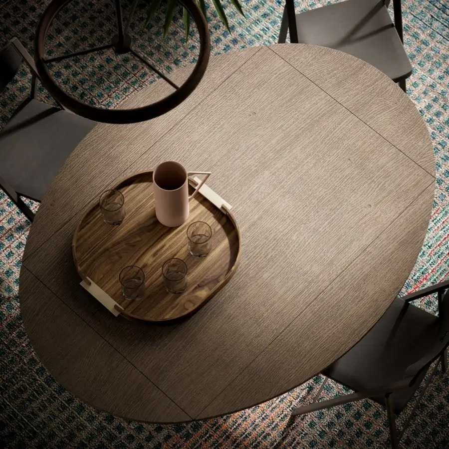 Distinguished Ozzio Italia Ellis transformable coffee table with crossing solid wood base and matte medium brown wood grain tabletop
