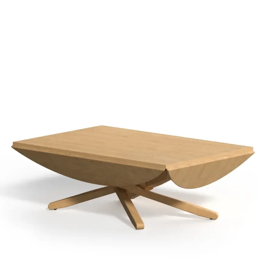 Superior Ozzio Italia Ellis transformable coffee table crafted in light natural wood with rounded extensions and crossing solid wood base