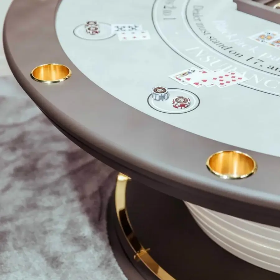 Exceptional Vismara Napoleon blackjack table crafted in medium gray lacquer with gold steel trim and printed microfiber playing surface
