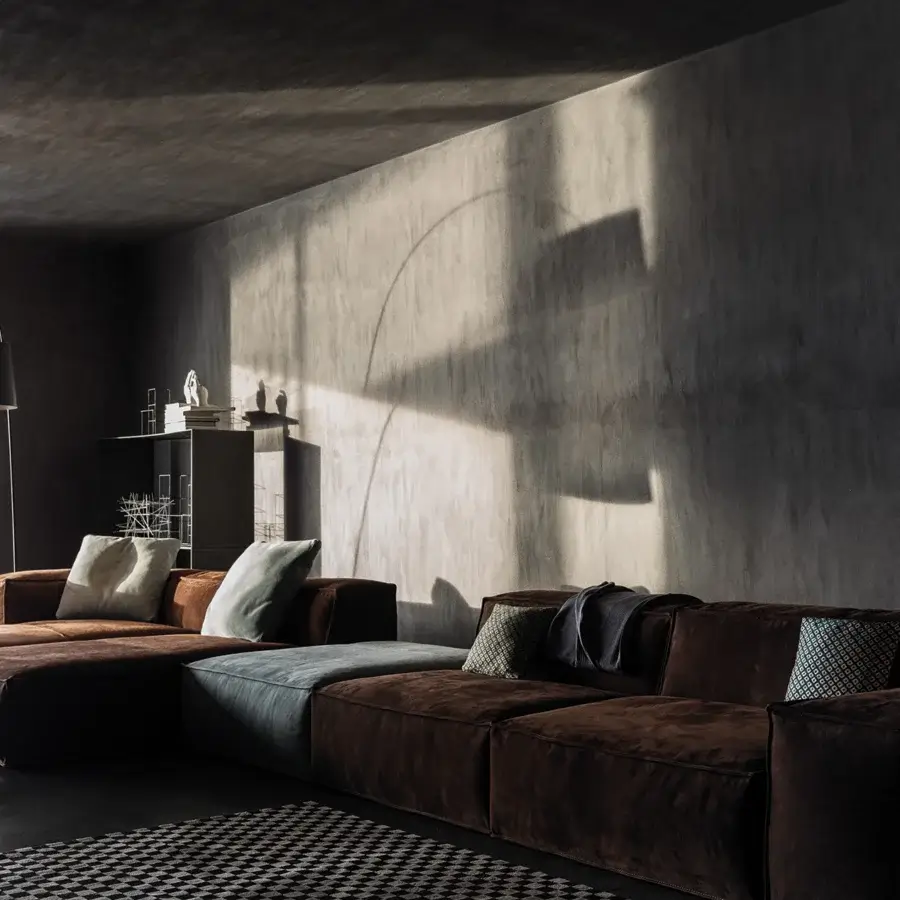 Harmonious Cierre1972 Season sectional with plush textile in warm brown and cooler gray-blue hues fostering unique arrangements