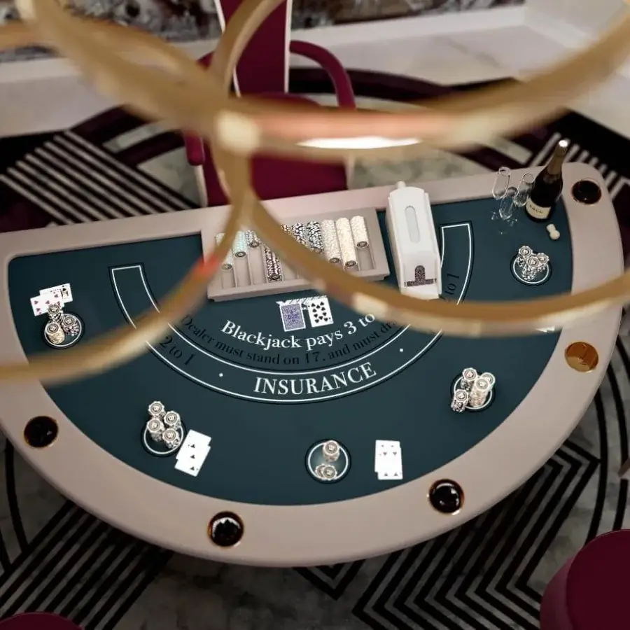 Exclusive Vismara Napoleon blackjack table crafted with dark green microfiber, polished chrome cup holders and lacquered edges