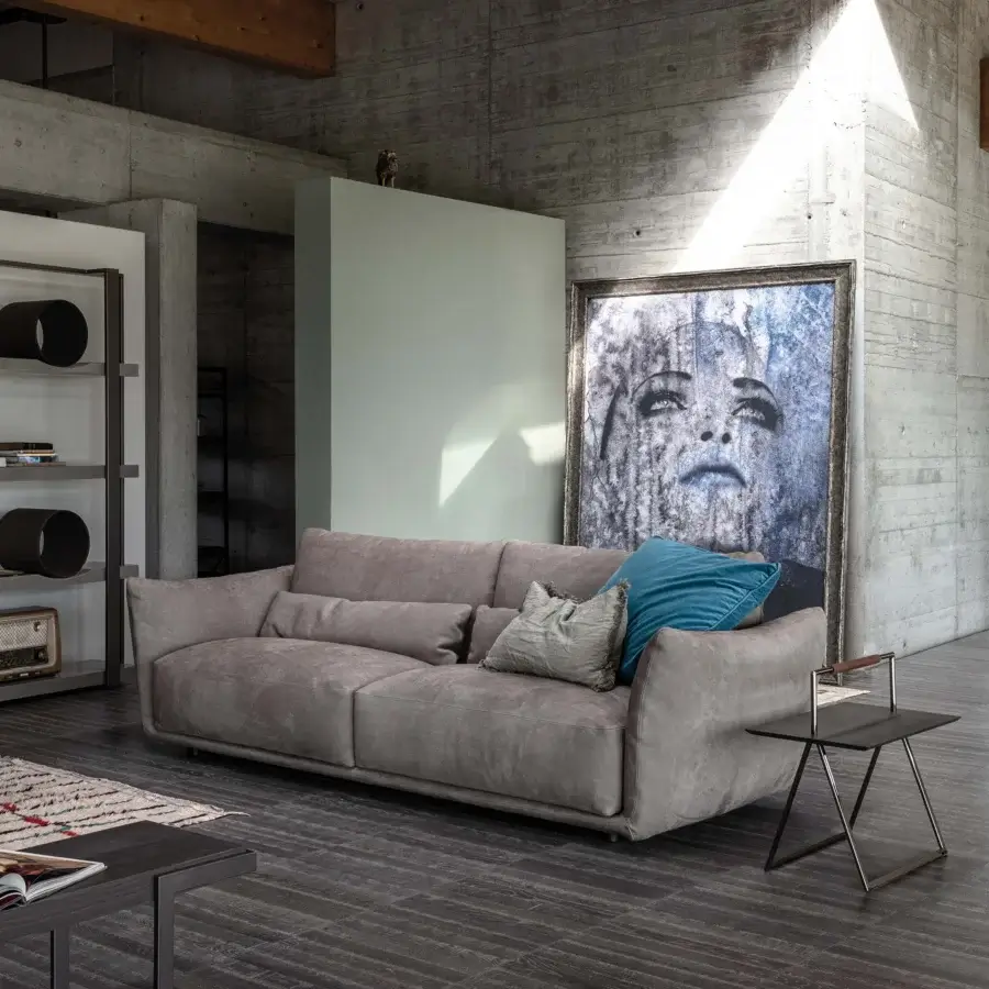 Harmonious Cierre1972 Clift sofa crafted in Italy with muted grayish-brown textile upholstery and suede-like finish
