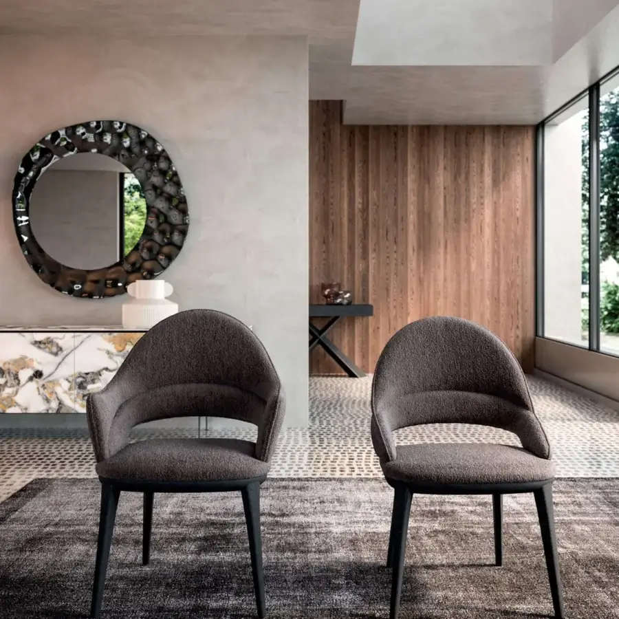 Exceptional Ozzio Italia Baia chair with sinuous lines built in solid ash and matte textured gray-brown textile upholstery