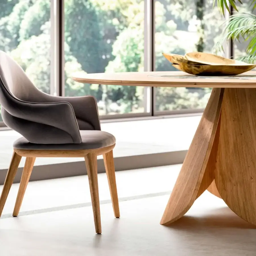 Superior Ozzio Italia Baia chair with sinuous lines and curves built in solid ash with smooth matte grey textile upholstery