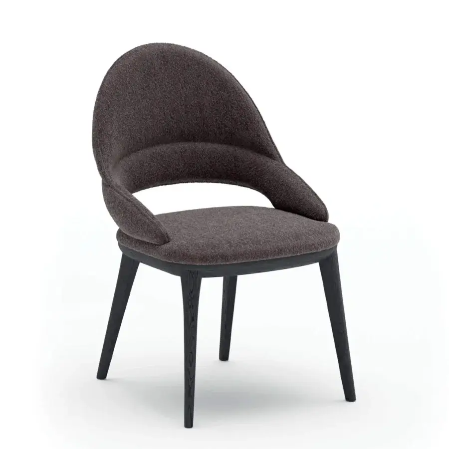 Exceptional Ozzio Italia Baia chair with sinuous curves crafted in black ash with textured brown textile upholstery