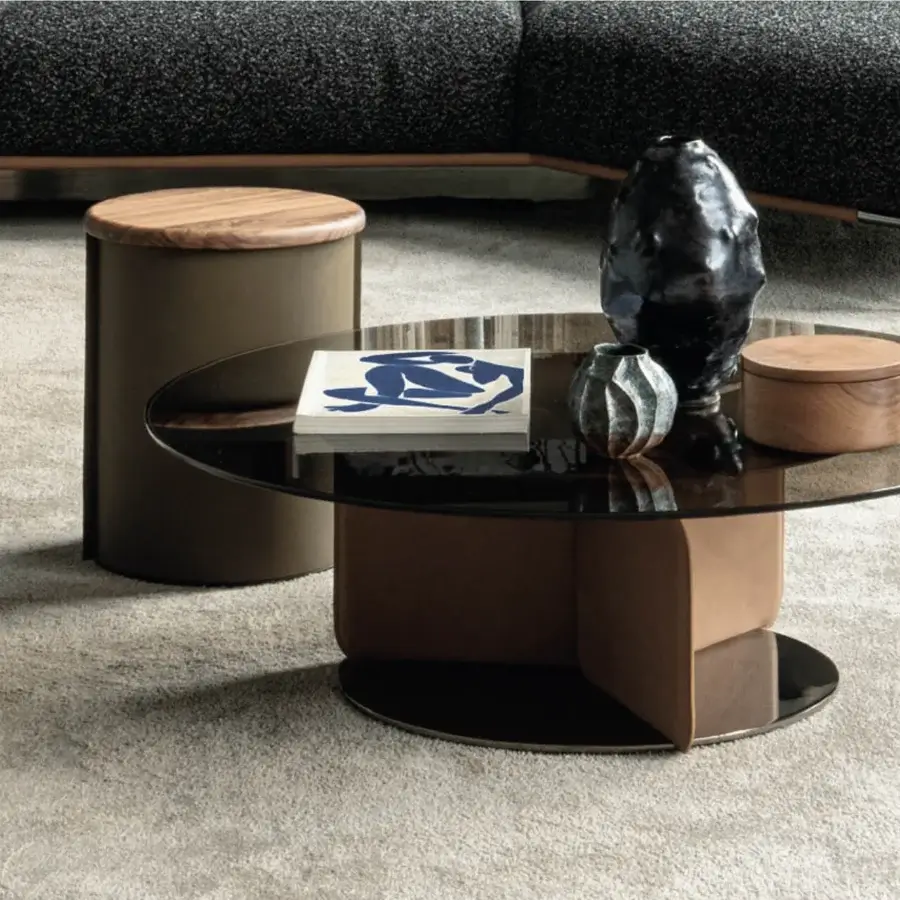 Exceptional Cierre1972 Helix coffee table with dark glass top and light brown leather-clad cylindrical base