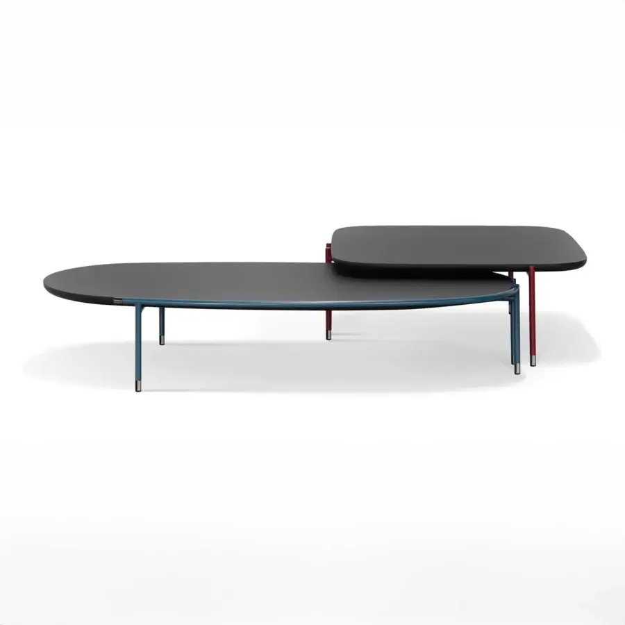 Distinguished Cierre1972 Mac coffee table with a dark matt lacquered top and sleek blue and reddish-brown frame built with silver-toned metal edges