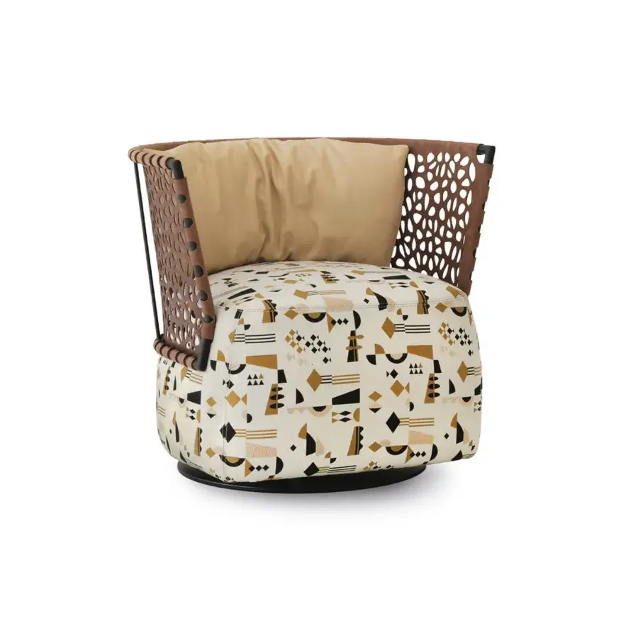 Lavish Cierre1972 Regis lounge chair upholstered in geometric textile with engraved brown leather backrest and tan lumbar cushion