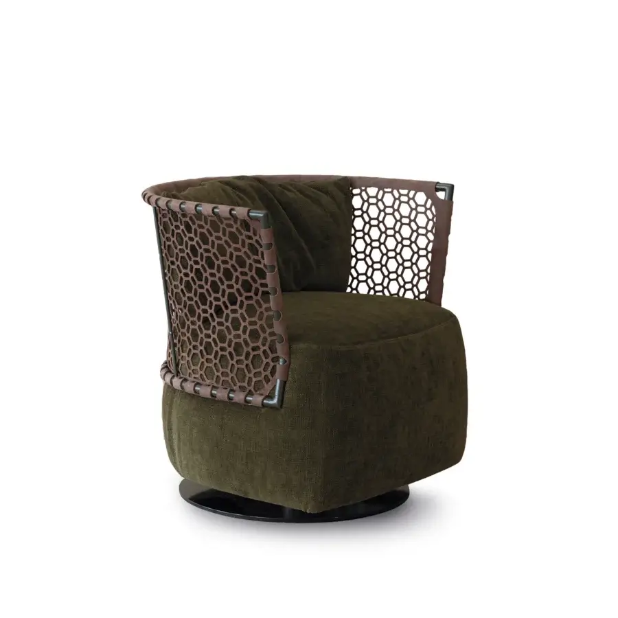 Superior Cierre1972 Regis swivel lounge chair in olive green upholstery with hexagonal brown leather backrest crafted in Italy