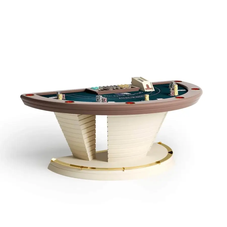 Captivating Vismara Napoleon blackjack table with green microfiber playing surface and lacquered off-white base built with polished chrome steel accents