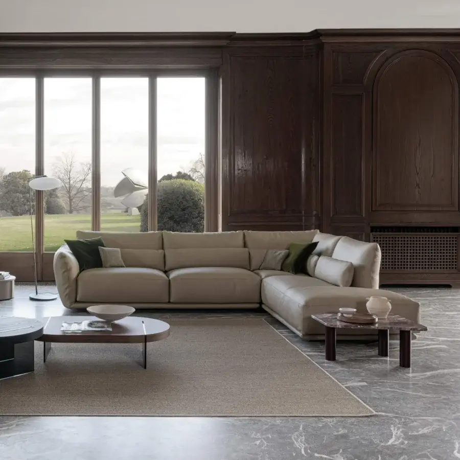 Distinguished Cierre1972 Clift sectional with extra-deep seating and lumbar cushions in light beige textile with matte finish