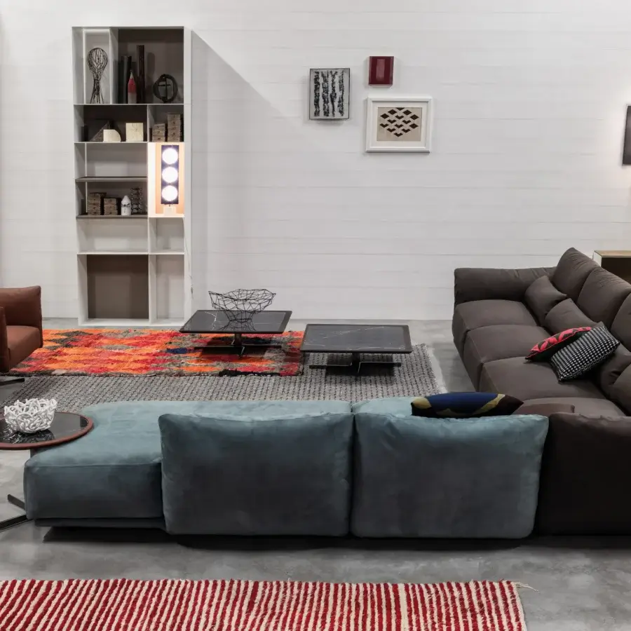 Exceptional Cierre1972 Clift sectional with dark brown textile upholstery and bluish-grey module in a matte finish