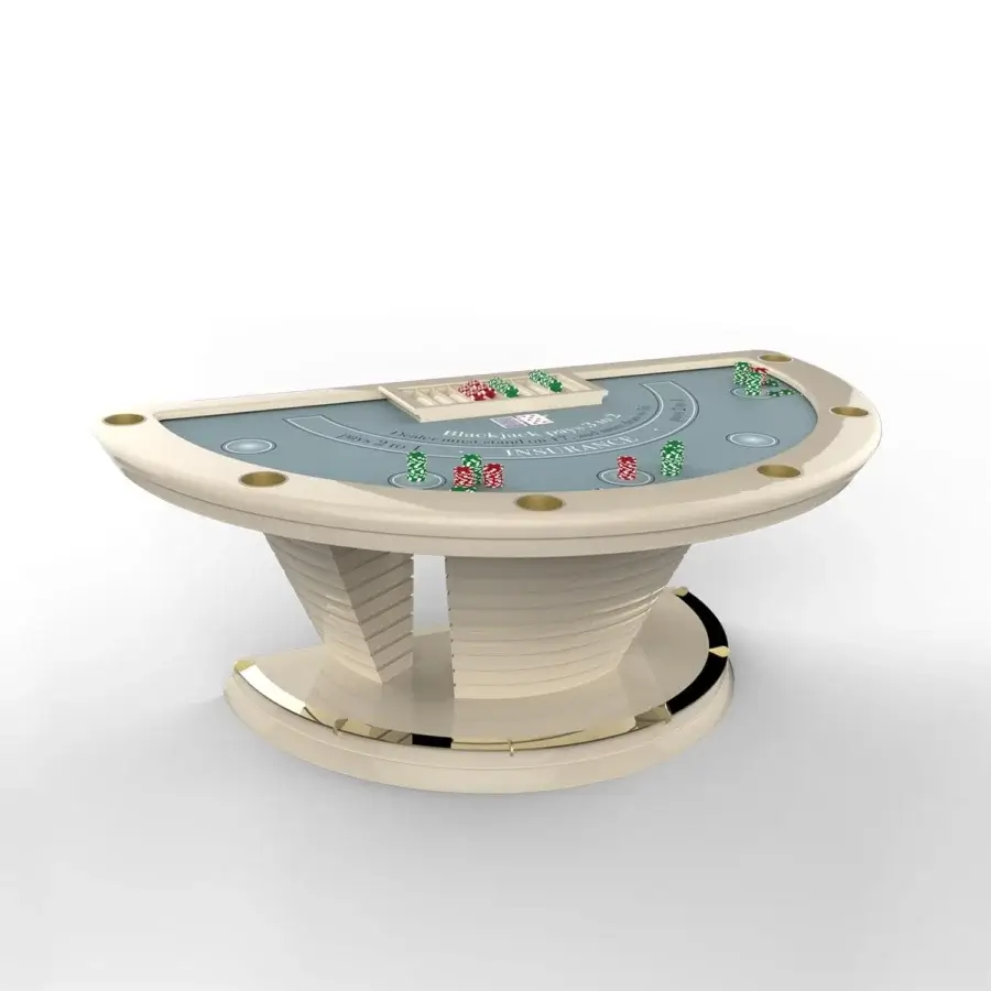 Distinguished Vismara Napoleon blackjack table with blue-gray microfiber top and lacquered light beige base with gold accents