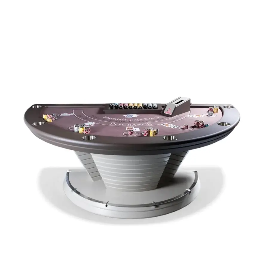 Exclusive Vismara Napoleon blackjack table crafted in Italy with padded dark microfiber top and lacquered light gray base