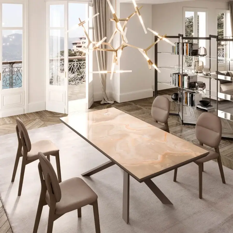 Sophisticated Ozzio Italia Giotto chair built with light brown textile cover and solid ash wood structure