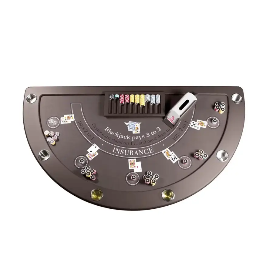 Superior Vismara Napoleon blackjack table in dark brown lacquer with stainless steel accents and printed microfiber padding