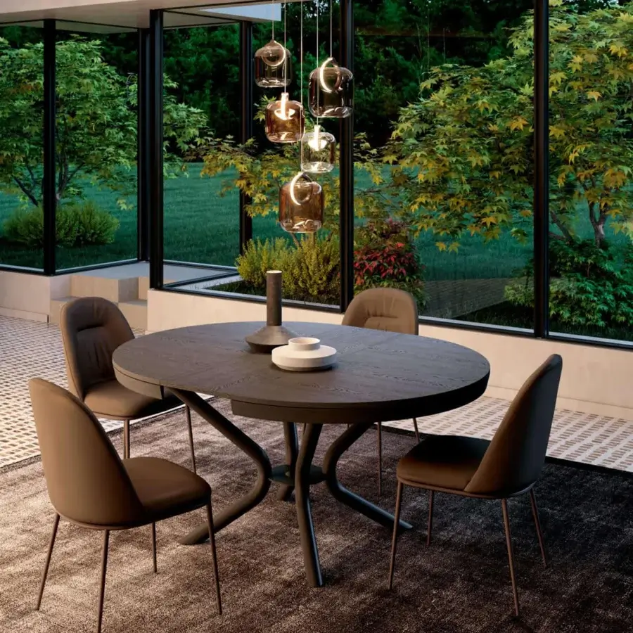 Distinguished Ozzio Italia Juliette chair with warm brown textile upholstery and a gently arched backrest built with tapered metal legs