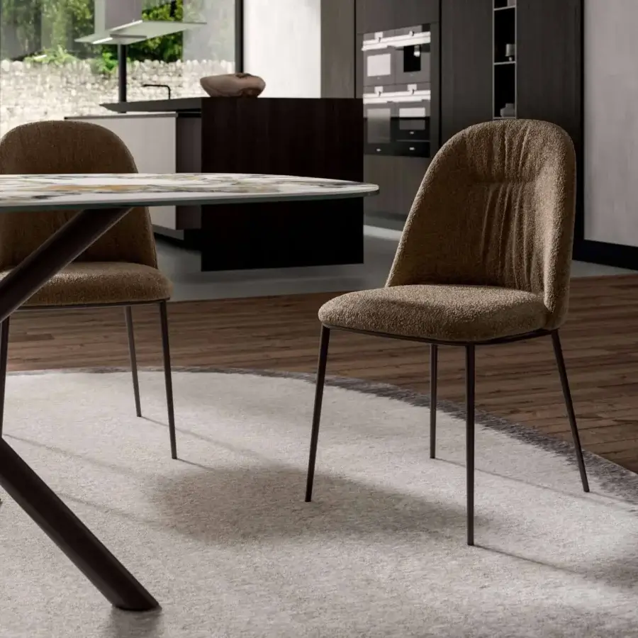 Superior Ozzio Italia Juliette chair with textured medium brown textile upholstery and tapered metal legs