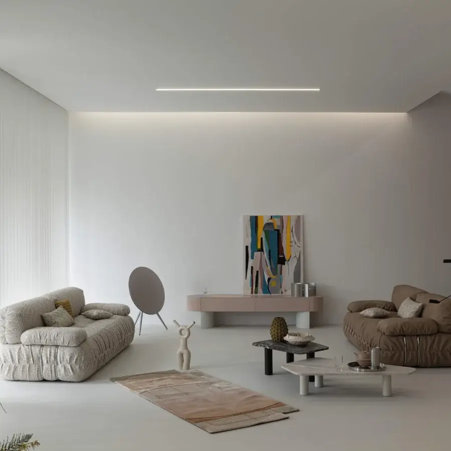 Distinguished Cierre1972 Option sofa with light beige textile upholstery and sleek metal bands offering a textured finish