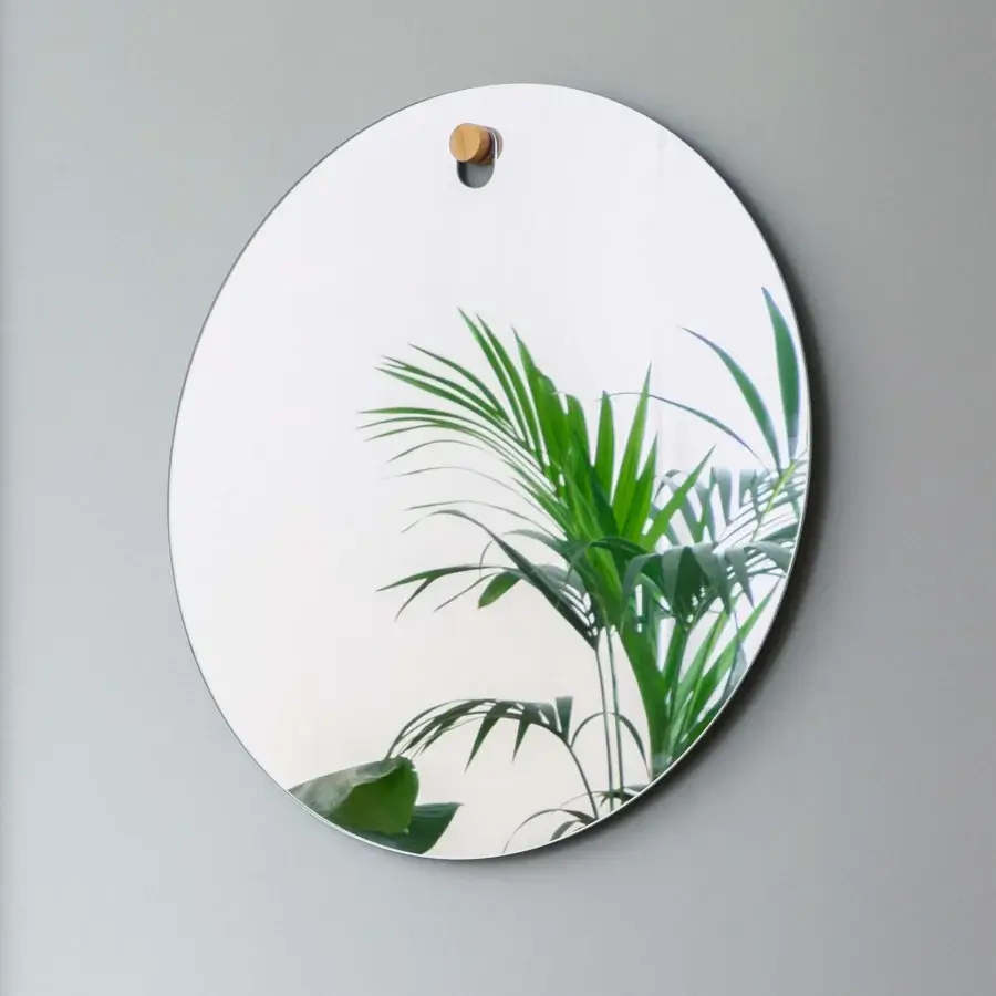 Exceptional Miniforms Middle Brother mirror crafted in Italy with a smooth metal frame and light brown wooden peg detail