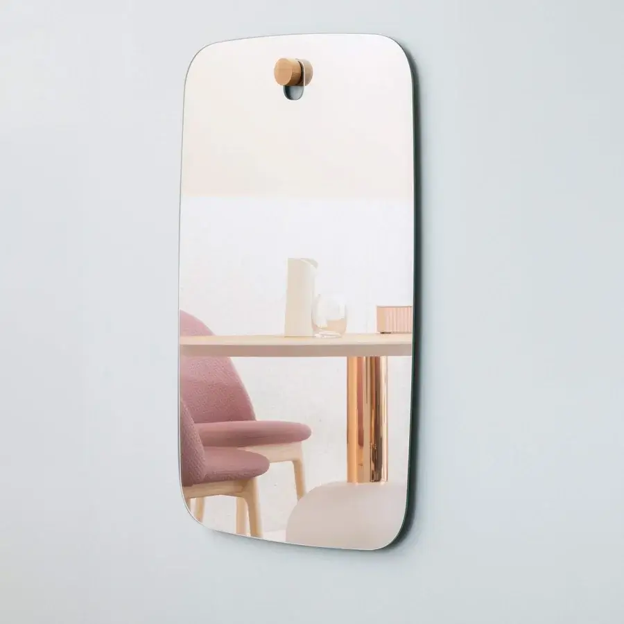 Distinguished Miniforms Middle Brother mirror reflecting light with a silver surface and light wood detail crafted in Italy