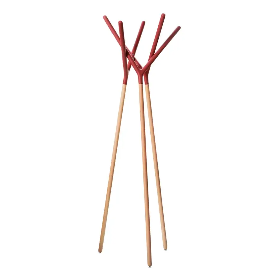 Distinguished Miniforms Game of Trust coat stand crafted with light wood legs and matte red branching hooks creating a balanced form