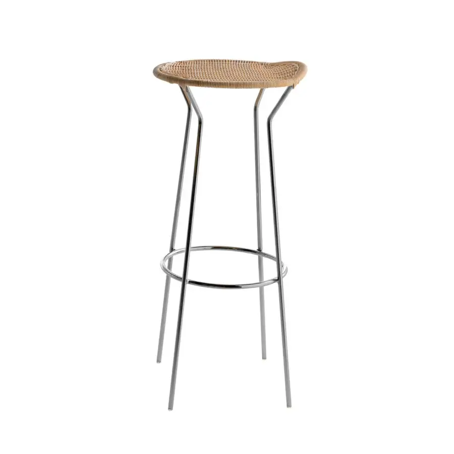 Distinguished Casamania bar stool with natural woven wicker seat and slender chromed metal frame