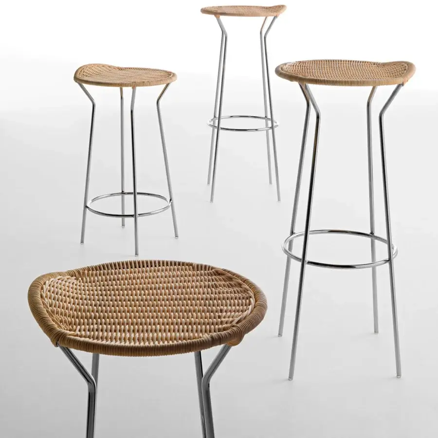 Distinguished Casamania bar stool with a chromed metal frame and natural woven wicker seat crafted by skilled Italian weavers