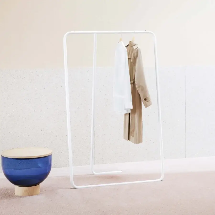 Distinguished Miniforms Caio coat stand offering a geometric silhouette in matte white metal with a rectangular frame