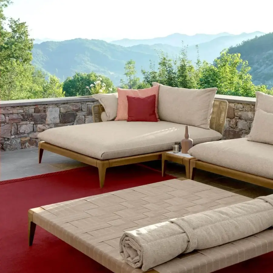 Exceptional Talenti Cruise ottoman with smoke teak wood structure and lighter beige woven elastic synthetic belts