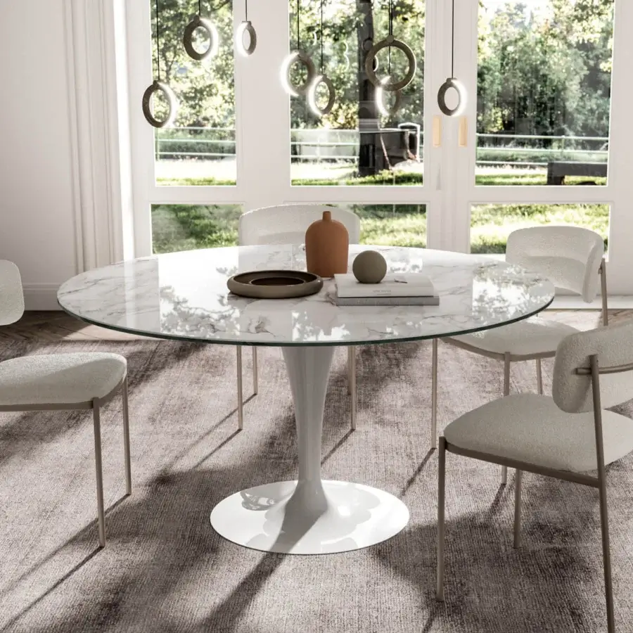 Superior Ozzio Italia Eclipse table with marble-patterned glass top and creatively geometric painted white metal base