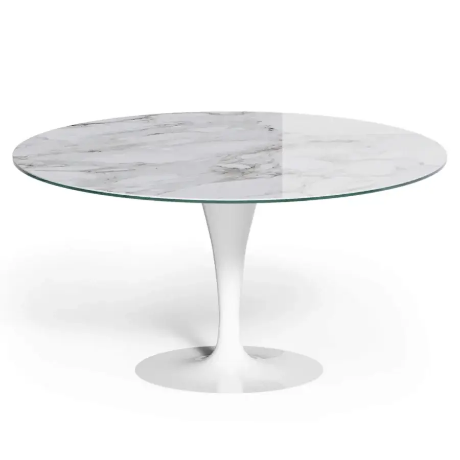 Elegant Ozzio Italia Eclipse table with grey and white marble-like top and glossy white painted metal pedestal base