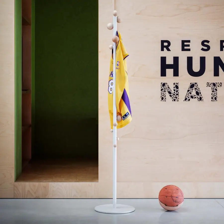 Superior Miniforms Bubble coat stand with small beech wood balls in a natural finish and white stem