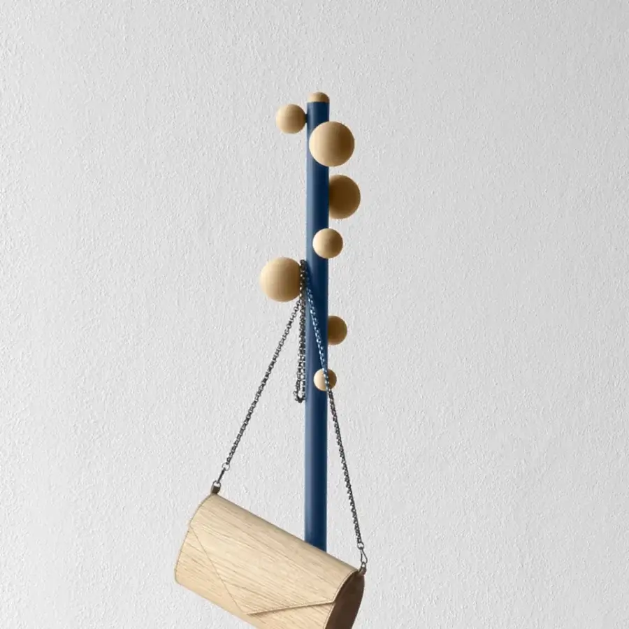 Exceptional Miniforms Bubble coat stand with beech wood balls along a navy blue stem and matte finish