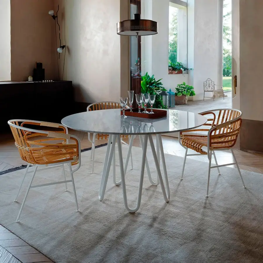 Elegant Casamania Meduse table with light gray marble top and white painted metal base crafted in Italy