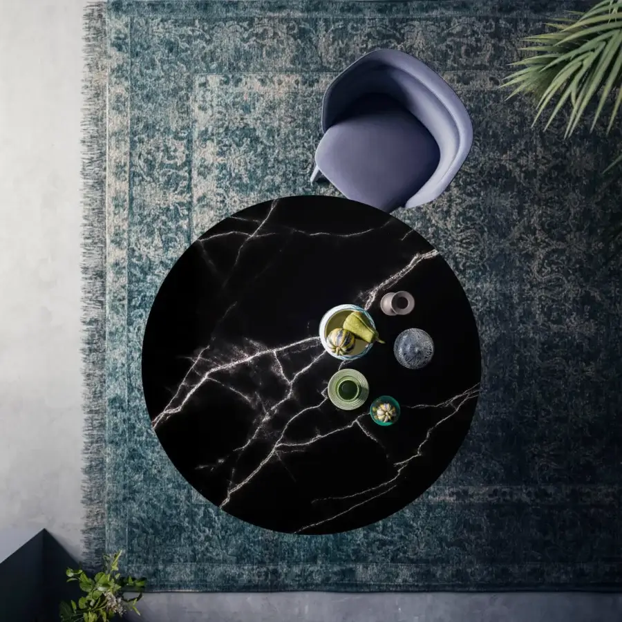 Captivating Casamania Meduse table with a painted metal base and smoked glass displaying unique white marbling