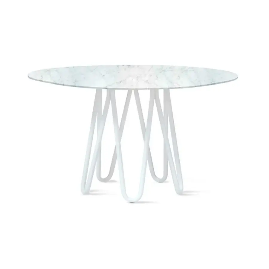Elegant Casamania Meduse table with white painted metal base and swirling white light gray polished marble top
