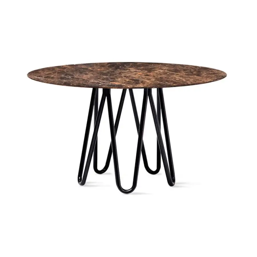 Distinctive Casamania Meduse table with smoked glass or marble top and painted black metal looping base