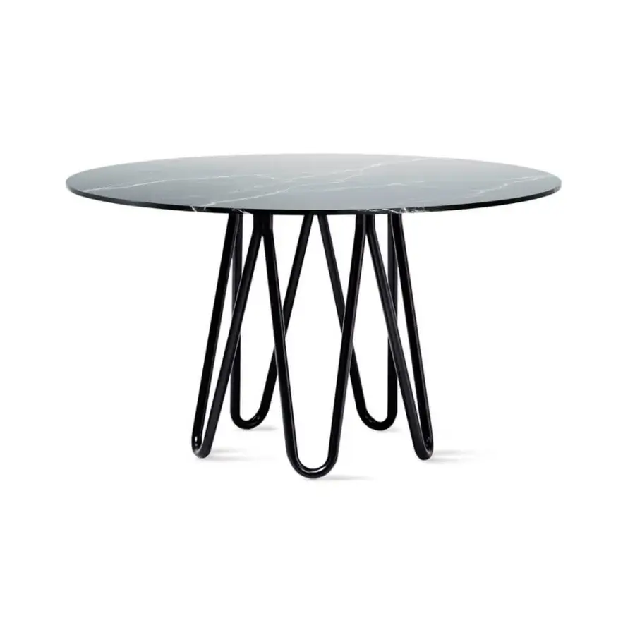 Exceptional Casamania Meduse table with grey and white marble-like top and sleek black curvilinear painted metal base
