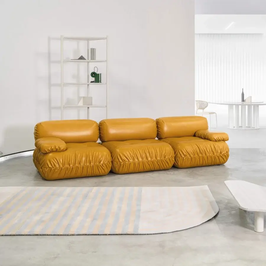 Distinguished Cierre1972 Option sectional with smooth mustard yellow material and comfortable padded backrests and armrests