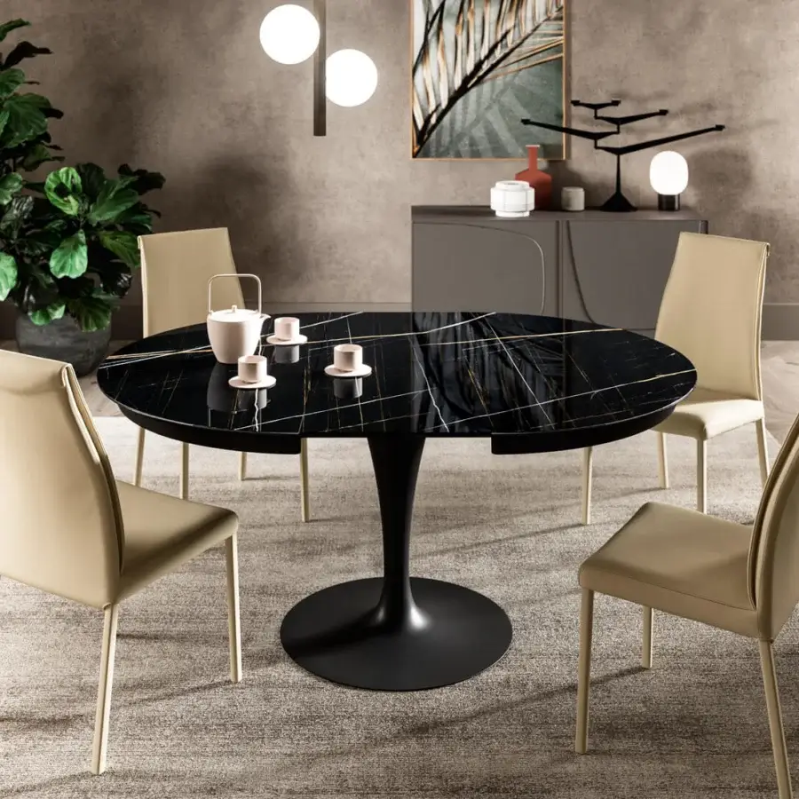 Superior Ozzio Italia Eclipse table with dark stone-like top and matte black pedestal base crafted in Italy