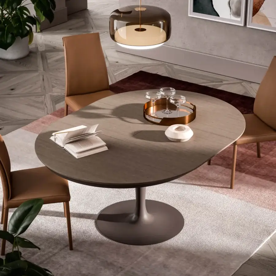 Distinguished Ozzio Italia Eclipse table crafted with warm brown wood and a matte finish, built upon a dark matte gray metal pedestal base