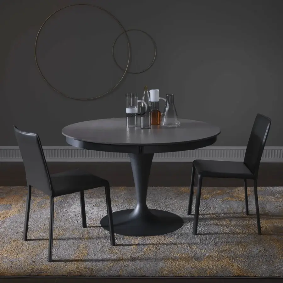 Distinguished Ozzio Italia Eclipse table with wood-like tabletop in matte gray and dark tapered central base offering hidden extension