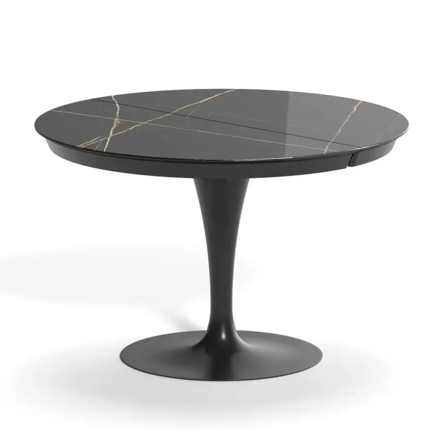 Exceptional Ozzio Italia Eclipse table with a round marble-effect top traversed by gold, white and gray tones and tapered central base
