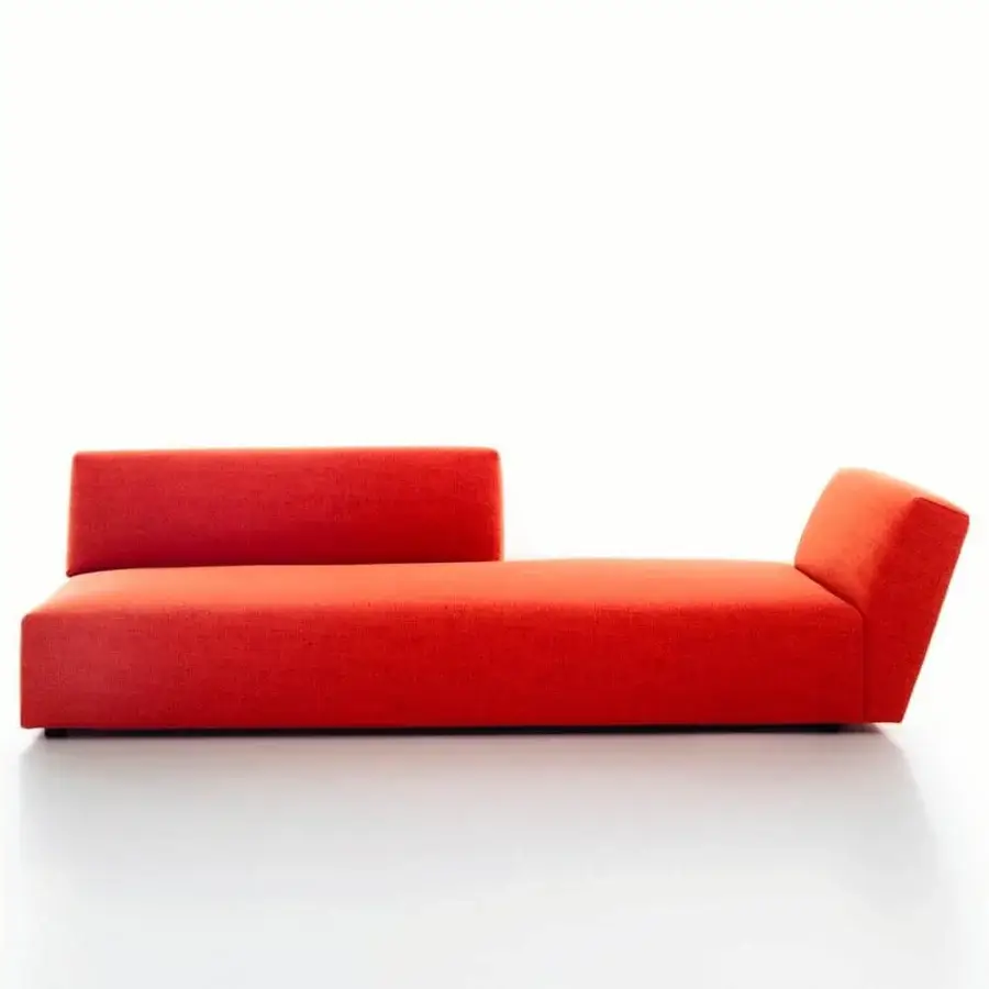 Distinguished Verzelloni Itaca sofa with a minimalist silhouette upholstered in vibrant red textile and black-stained beech feet