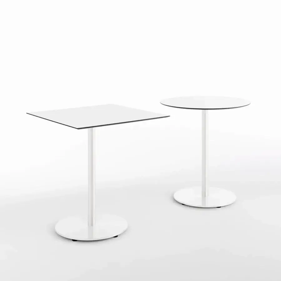 Elegant Casamania T1 Bistrot table with white HPL top and black edge, built with a white painted metal base