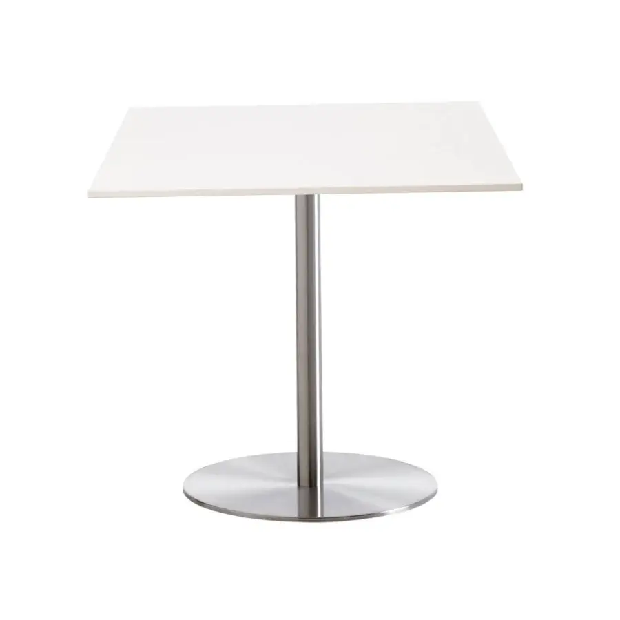 Elegant Casamania T1 Bistrot table with white HPL tabletop and cylindrical brushed metal base