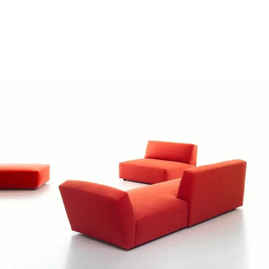 Exceptional Verzelloni Itaca sofa with textured red textile and black-stained beech feet built with wood and plywood framework